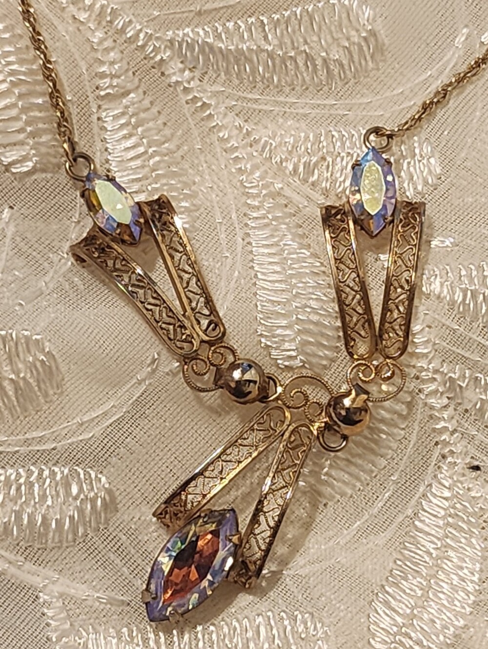Vintage TITAN Gold FILLED Signed Filigree and SWAROVSKI Rhinestone Bib Necklace